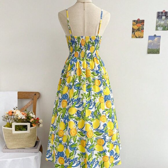 Multicolor Boho Women's Spaghetti Strap V-Neck Knotted Waist A-Line Midi Dress - Picture 2 of 7